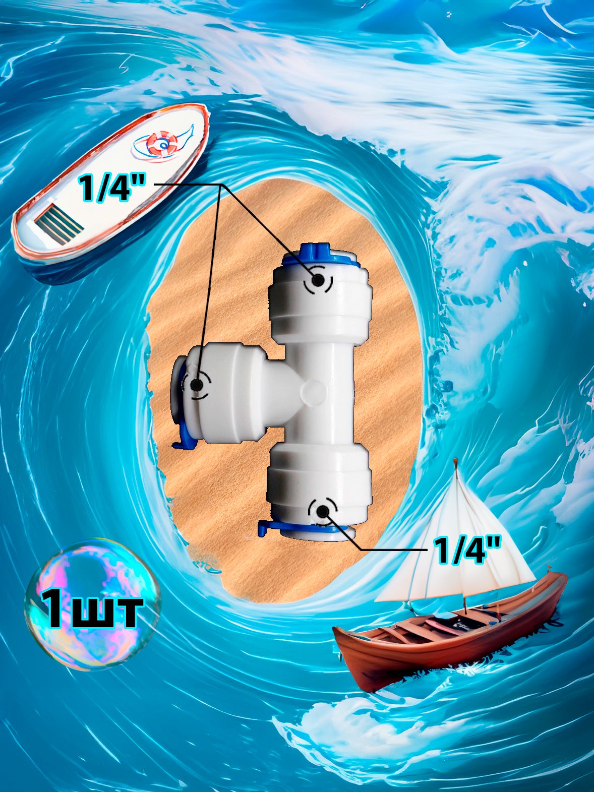 Фитинг тройник Т-образный 1/4"-1/4"-1/4" трубки картинка №1