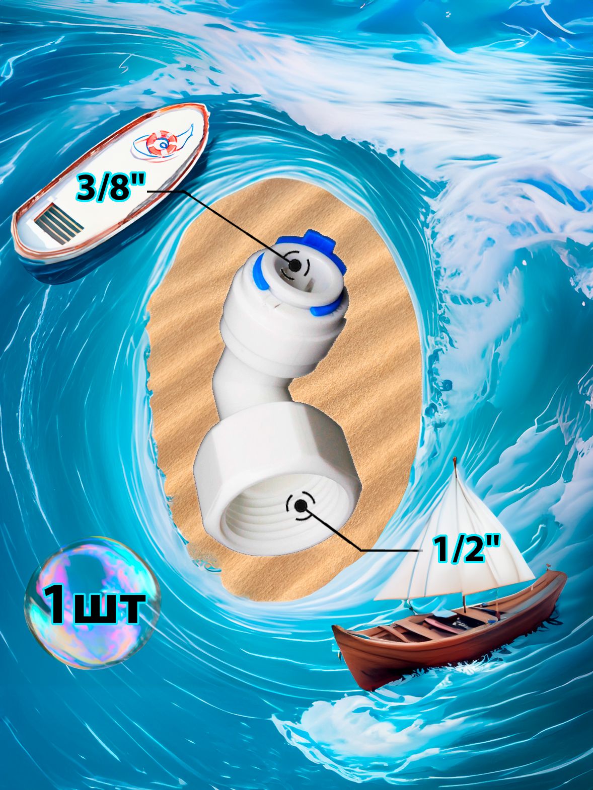 Фитинг переходник Г-образный 3/8" трубка - 1/2" внутренняя резьба картинка №1