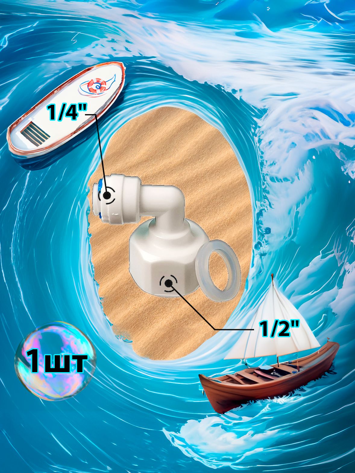 Фитинг переходник Г-образный 1/4" трубка - 1/2" внутренняя резьба картинка №1