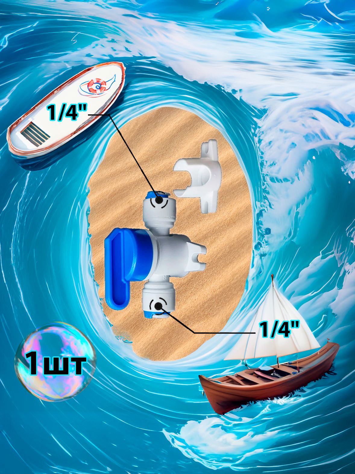 Кран переходник прямой 1/4" трубка - 1/4" трубка кронштейн картинка №1