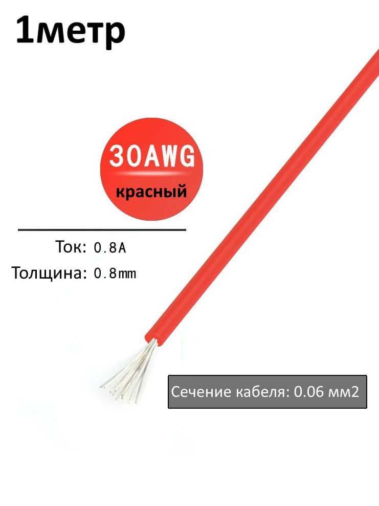 Провод электрический 30AWG, 0.06 кв.мм красный многожильный картинка №1