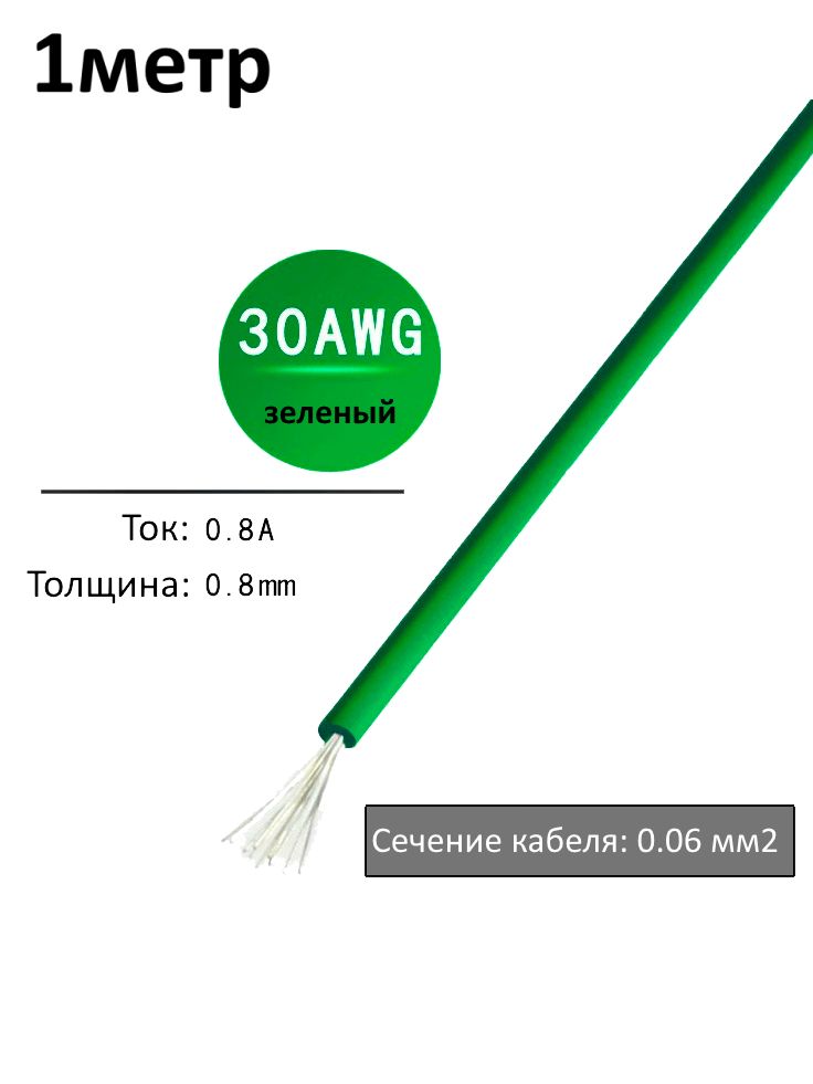 Провод электрический 30AWG, 0.06 кв.мм зеленый многожильный картинка №1