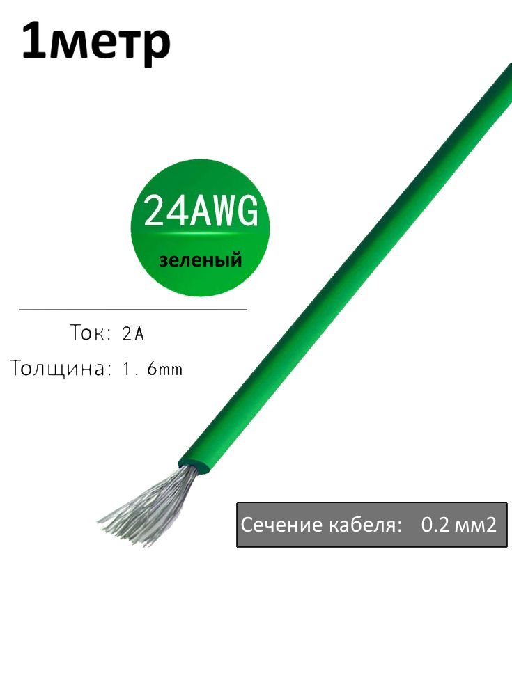 Провод электрический 24AWG, 0.2 кв.мм зеленый многожильный картинка №1