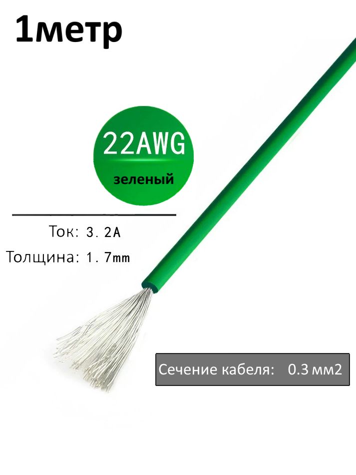 Провод электрический 22AWG, 0.3 кв.мм зеленый многожильный картинка №1