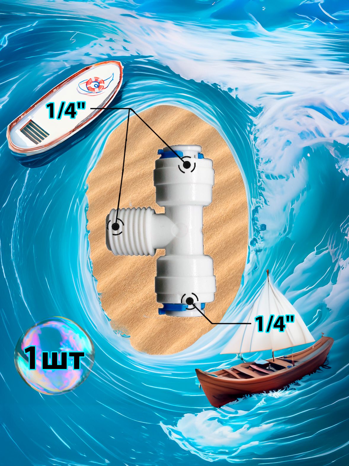 Фитинг тройник Т-образный 1/4" трубка - 1/4" трубка - 1/4" внешняя резьба картинка №1