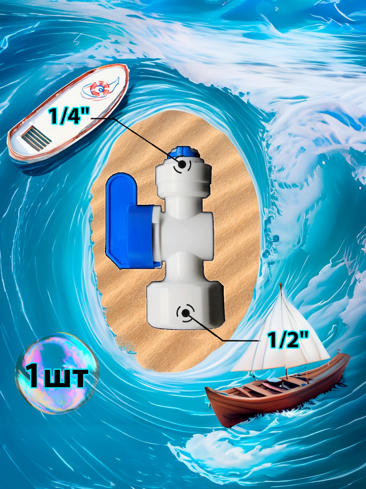 Кран переходник прямой 1/4" трубка - 1/2" внутренняя резьба картинка №1