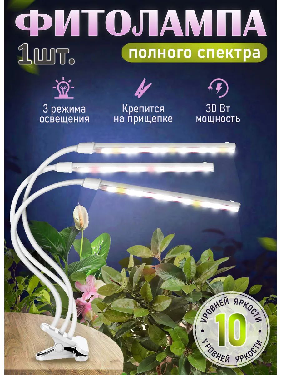Фитолампа для растений и цветов на прищепке картинка №1