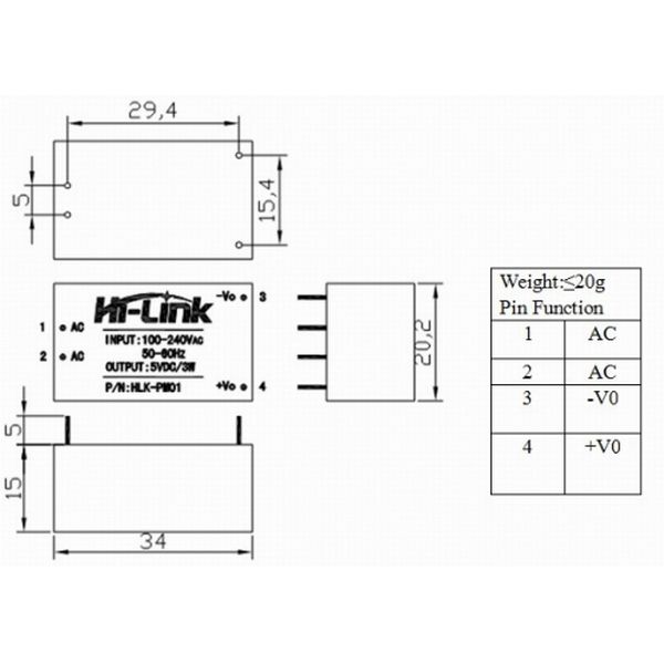 Модуль питания AC-DC, вход AC 220В, выход DC 5В, 3Вт HLK-PM01 картинка №2
